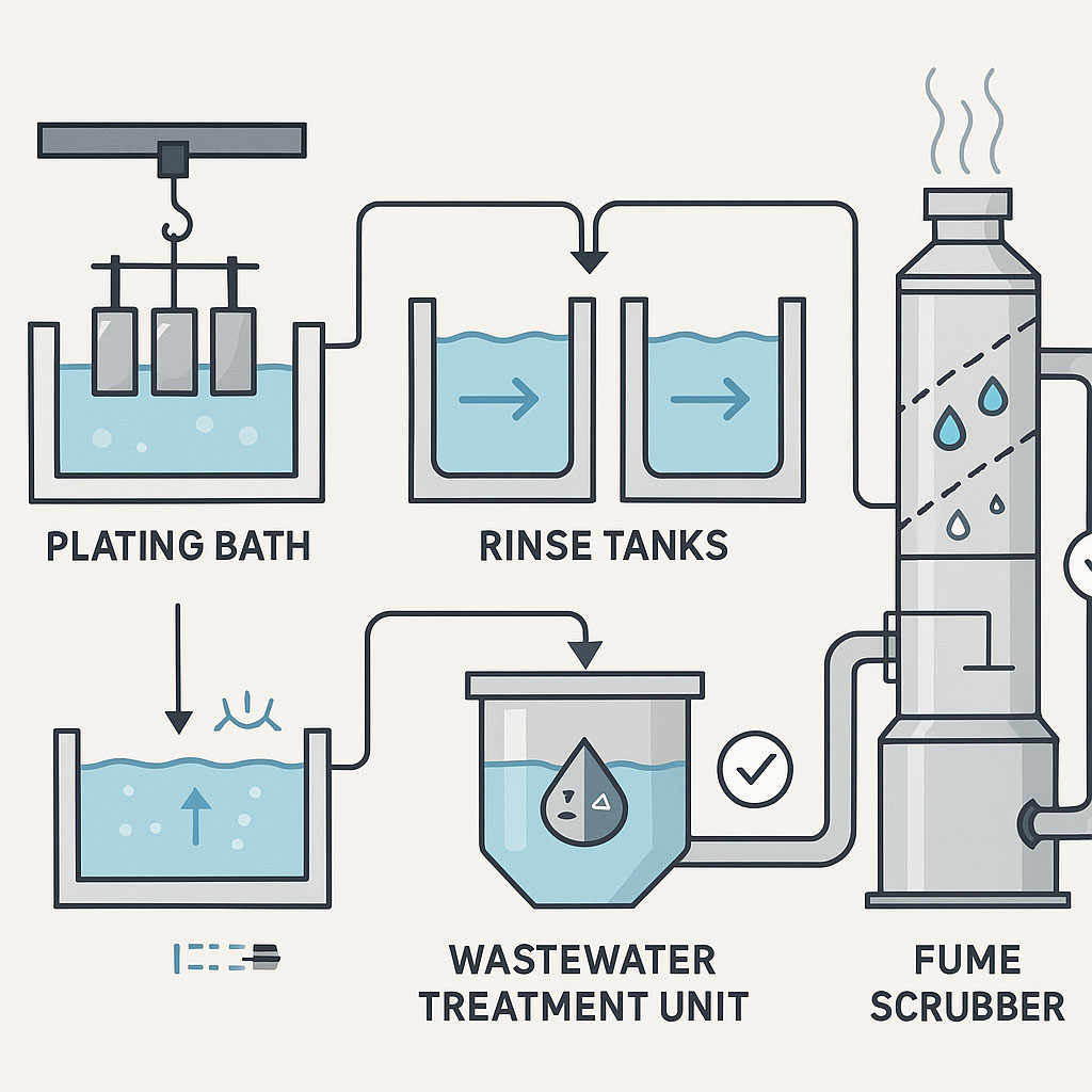An industrial electroplating system with labeled components showing aqueous systems in action: plating bath, rinse tanks, wastewater treatment unit, and fume scrubber. Visual cues indicate water flow, chemical balance indicators, and compliance checkmarks.