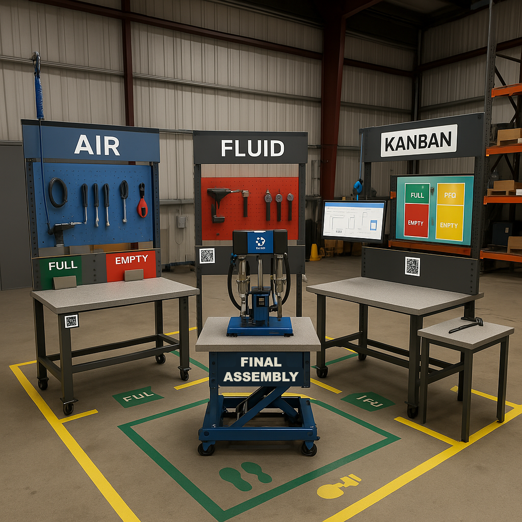Industrial paint system staging assembly cell design for improved efficiency, featuring organized tools and defined areas to reduce excessive motion during assembly tasks