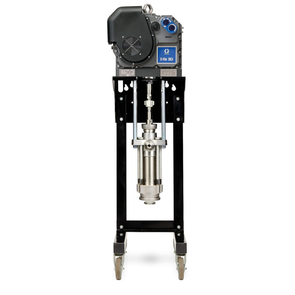 Graco E‑Flo DCi 2‑Ball Pump shown on a compact portable stand with a small footprint. The electric pump features a two‑ball lower and integrated motor, designed as a high‑volume paint supply pump for factory production environments.